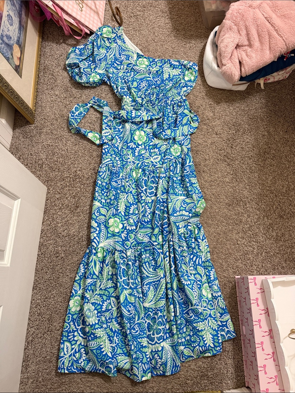 Flying Tomato Blue and Green Floral Print Tiered Puff Sleeve One Shoulder Maxi L